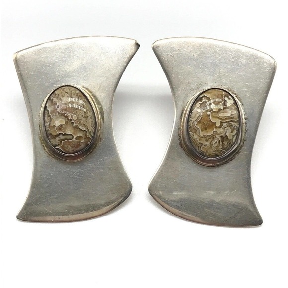 Vintage Sterling Silver Large Chunky Modernist Brown Jasper Statement Earrings - Picture 1 of 4